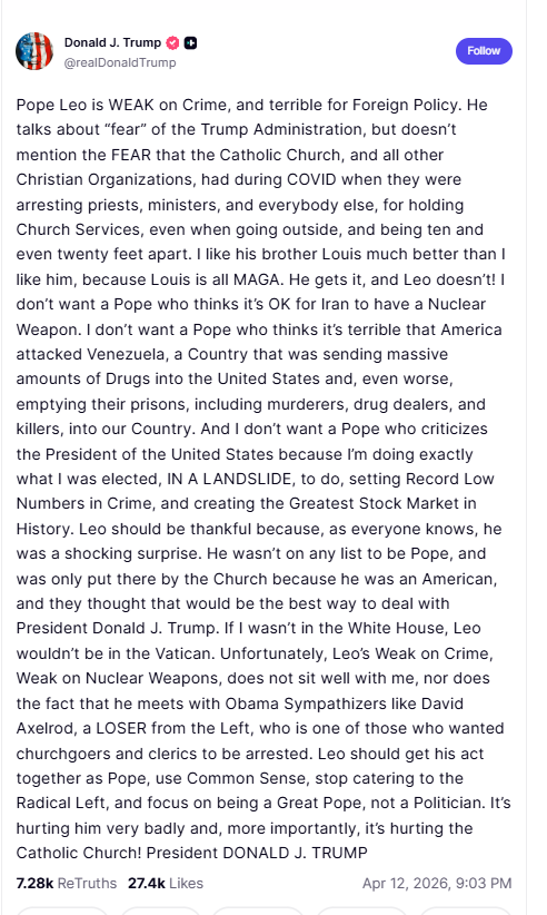 trump, papa, iglesia, catolica, reacciones, criticas, Trump Attacks Pope Leo XIV, Sparking Controversy